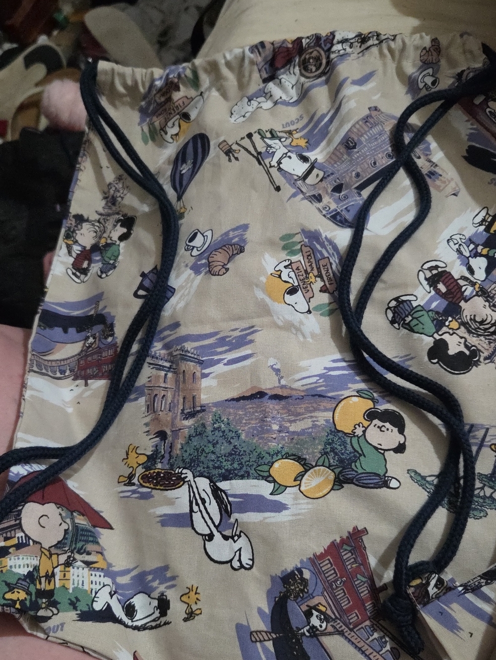 Peanuts Scout Snoopy Cartoon Drawstring Backpack in Beige and Navy